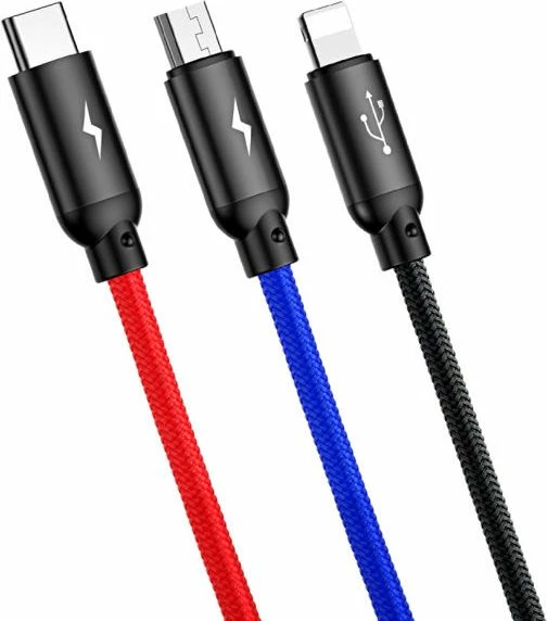 Kabllo USB Baseus Three Primary Colors 3w1 31567-uniw, USB-A në USB-C + microUSB + Lightning, 1.2 m, USB 3.0, e zezë