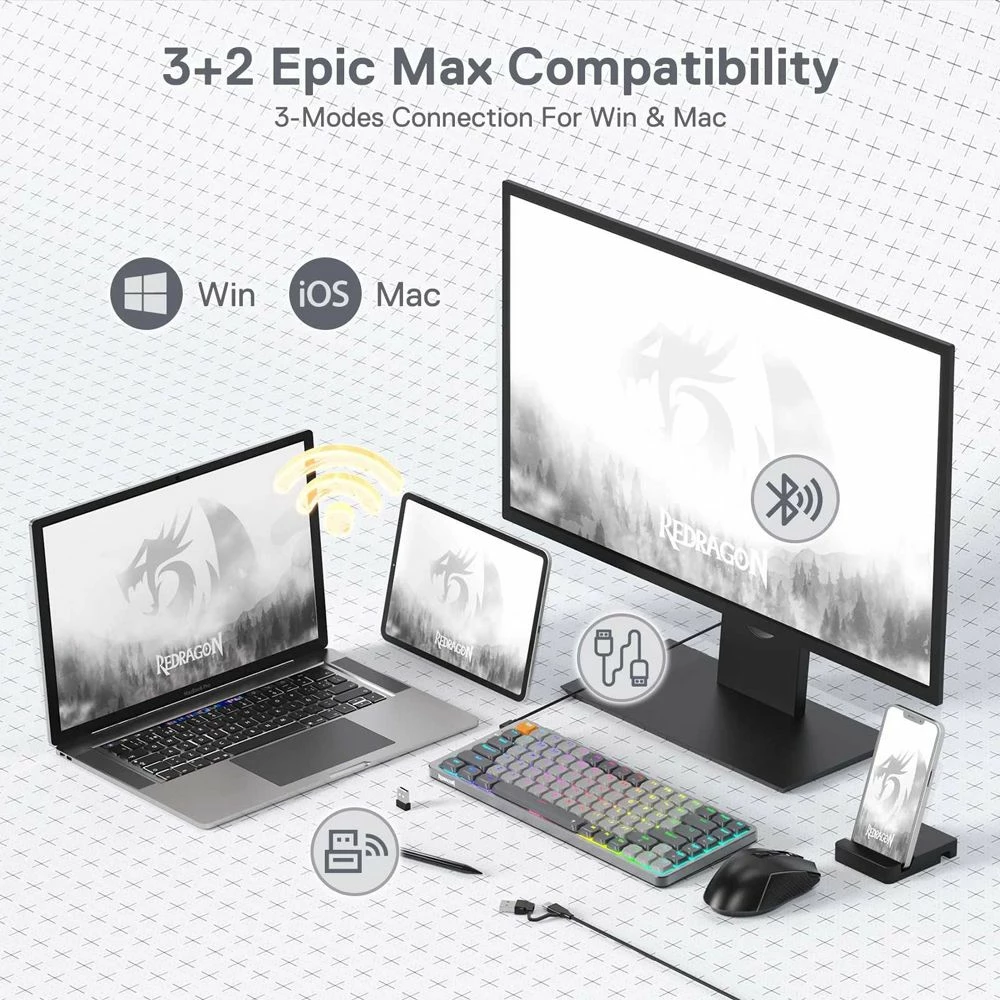 Tastierë mekanike wireless Redragon Azure K652GG RGB Pro K652GG, 75% (84 taste), low-profile, red switch, RGB, tri-mode Bluetooth/2.4GHz/USB, gri e errët