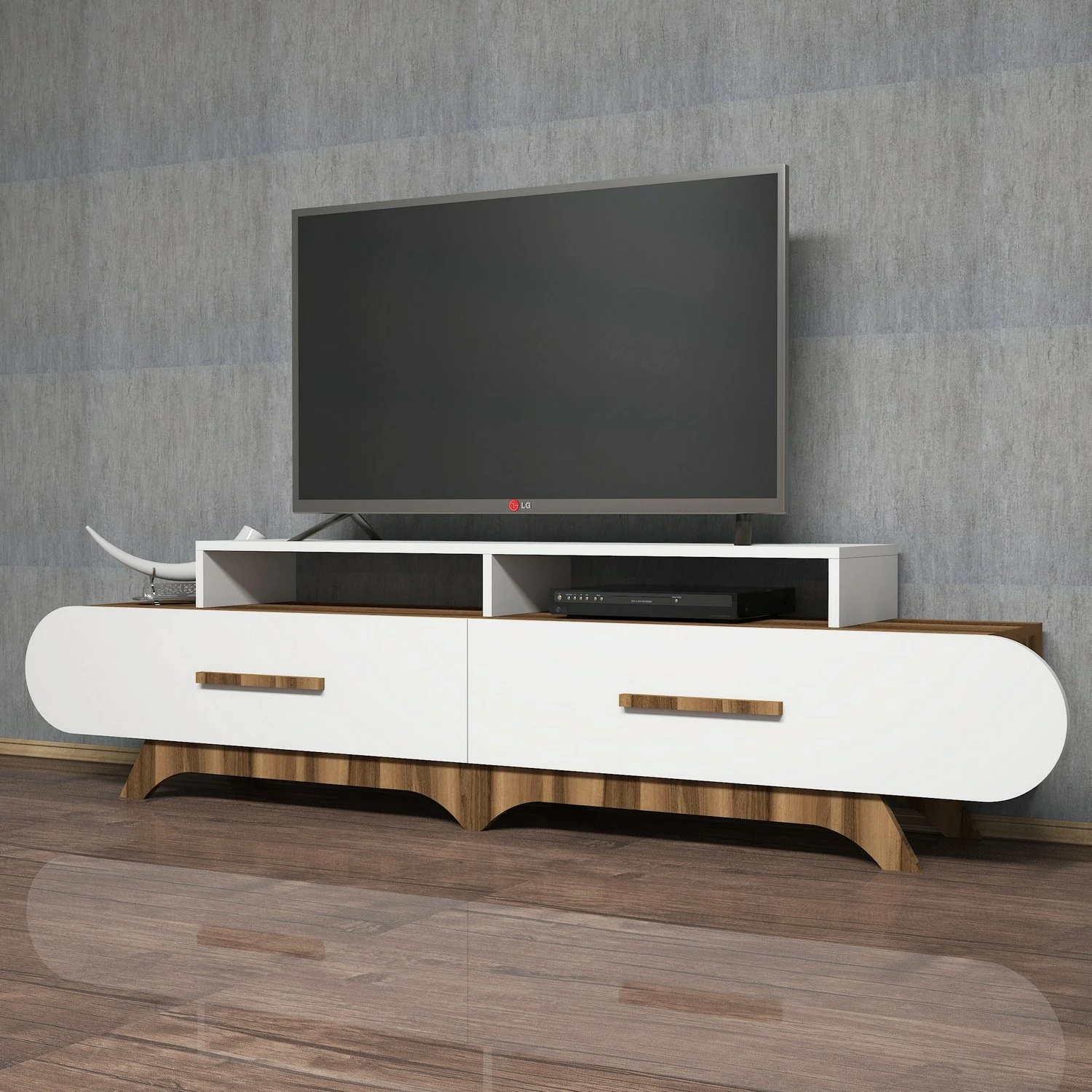 Komodë TV Hanah Home, Flora, ngjyrë arre dhe e bardhë