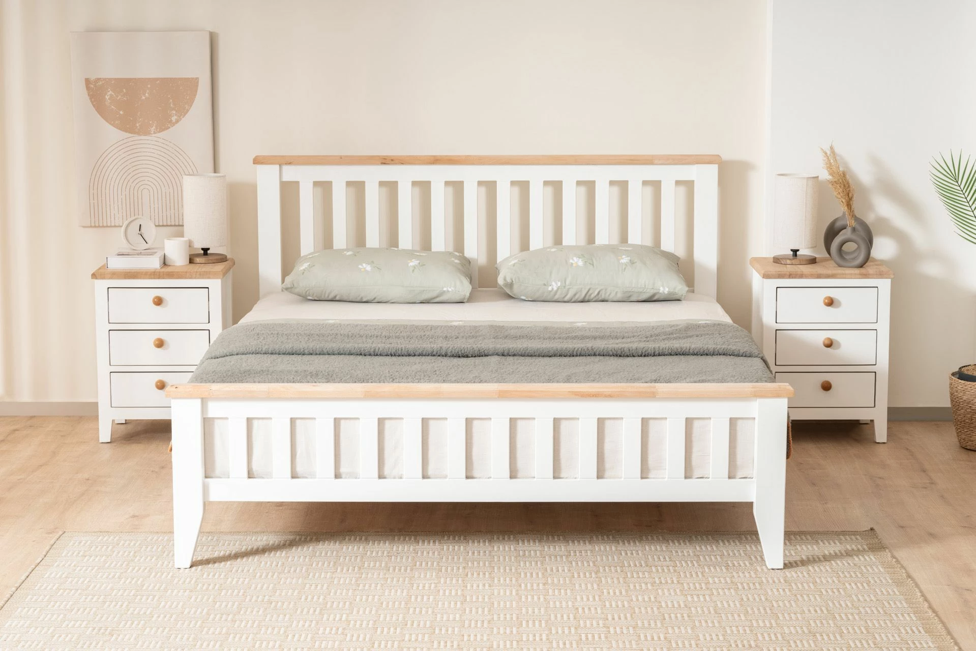 Krevat dopio Skye Decor, stil modern country, 160x200, ngjyrë e bardhë dhe lis