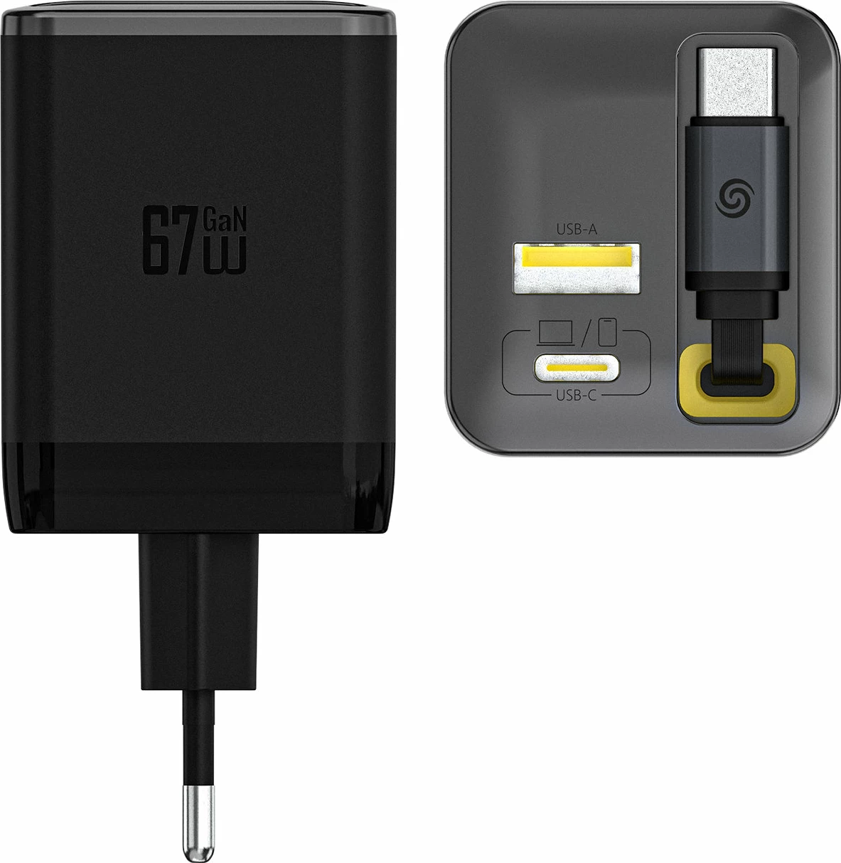 Karikues muri GaN, Dudao A67EU, 67W, 3 porta (USB-C, USB-A) me kabllo USB-C tërheqëse 60cm, EU plug, i zi