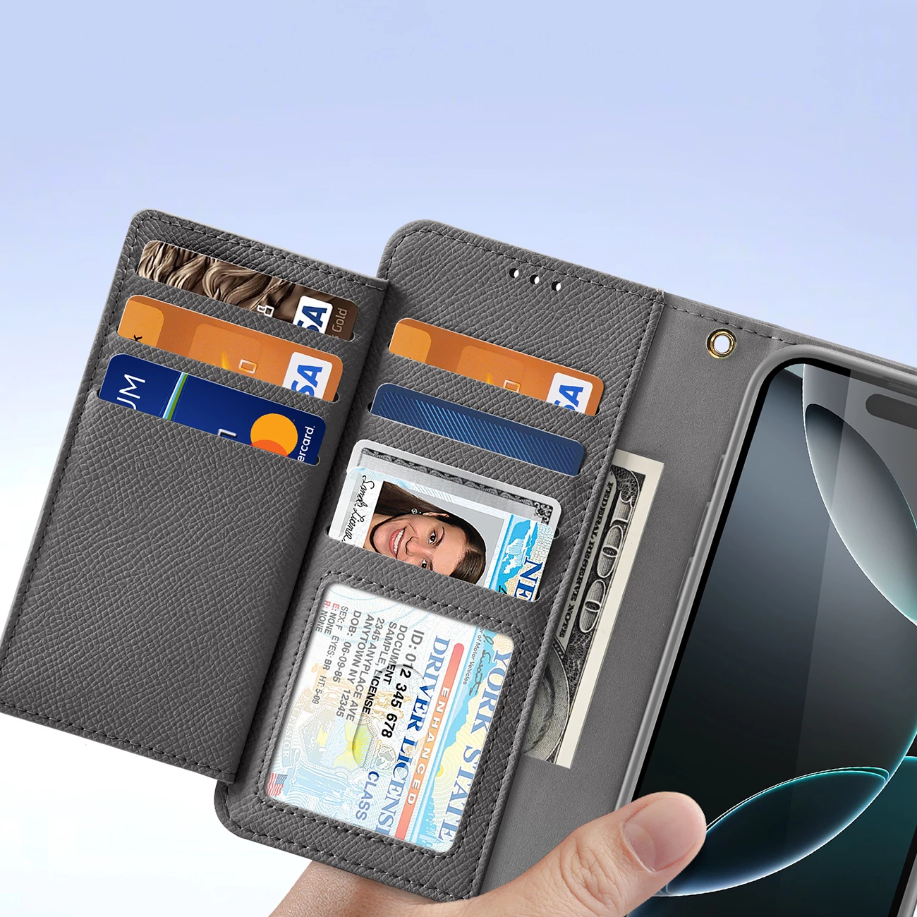 Mbështjellës Dux Ducis Lawa për iPhone 16 Pro, lëkurë, me portofol magnetik, Gri