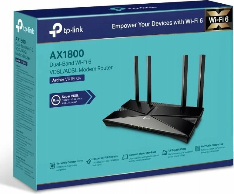 Router TP-Link Archer VX1800v AX1800 WiFi 6 EasyMesh VDSL/ADSL, Dual-Band 2.4GHz/5GHz, 4x Gigabit Ethernet, RJ11, USB 2.0, i zi