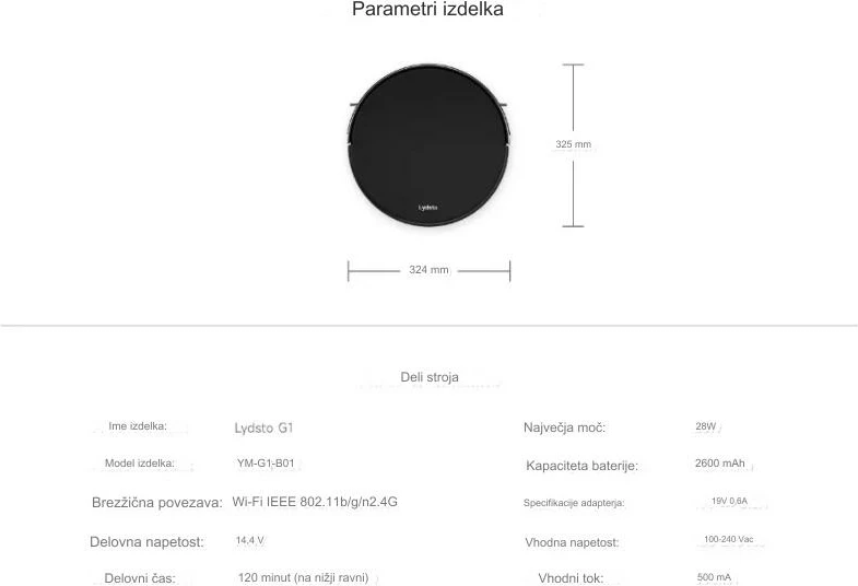 Robot fshesë me korrent Lydsto G1, 3300Pa, me funksion larjeje, Wi‑Fi, bateri 2600mAh, e bardhë