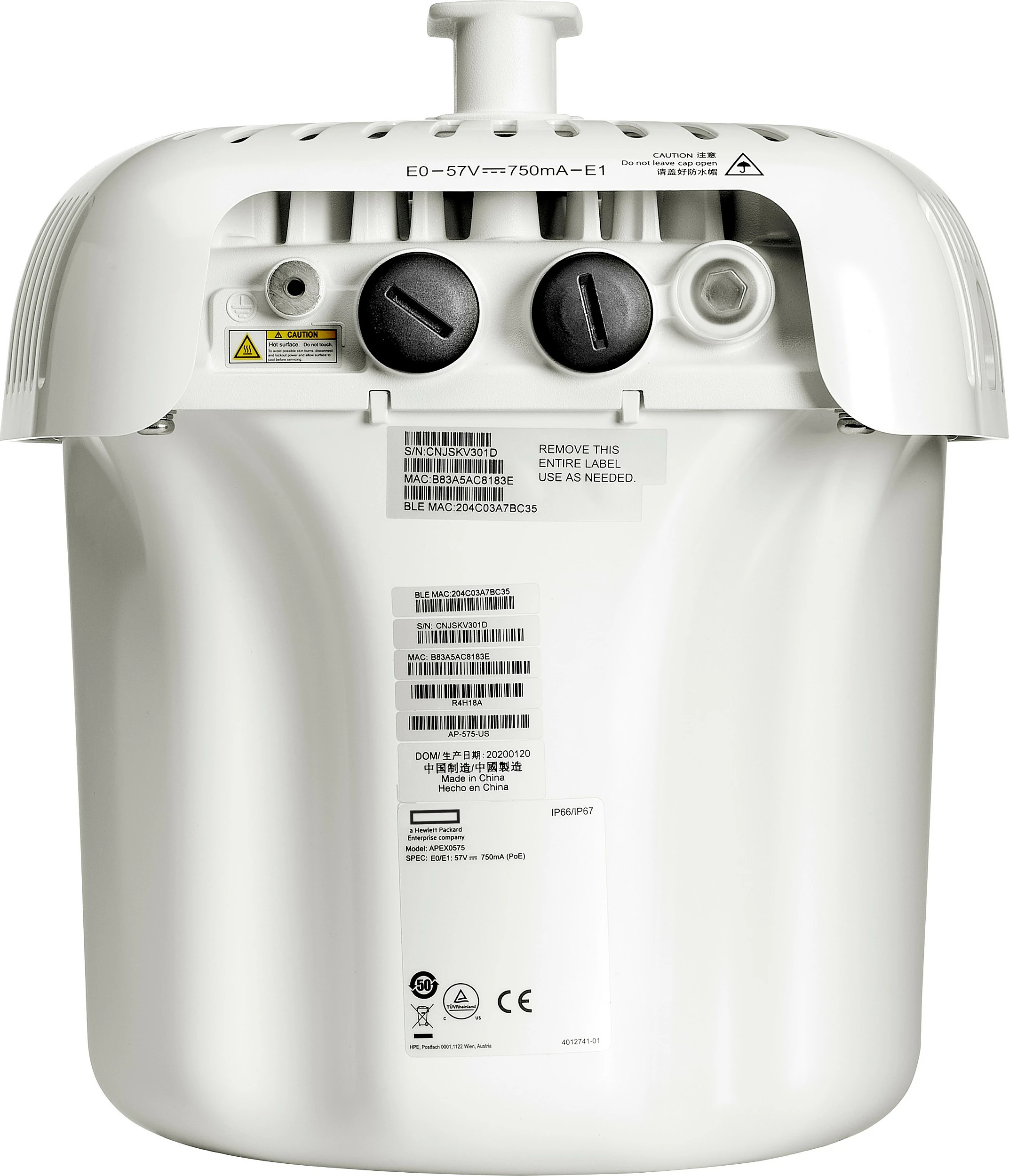 Access Point Outdoor HPE Aruba AP-575 (RW), Wi‑Fi 6 802.11ax, Dual Band 2.4/5GHz, 2x RJ-45 Smart Rate deri 5GbE, antena omni, i bardhë