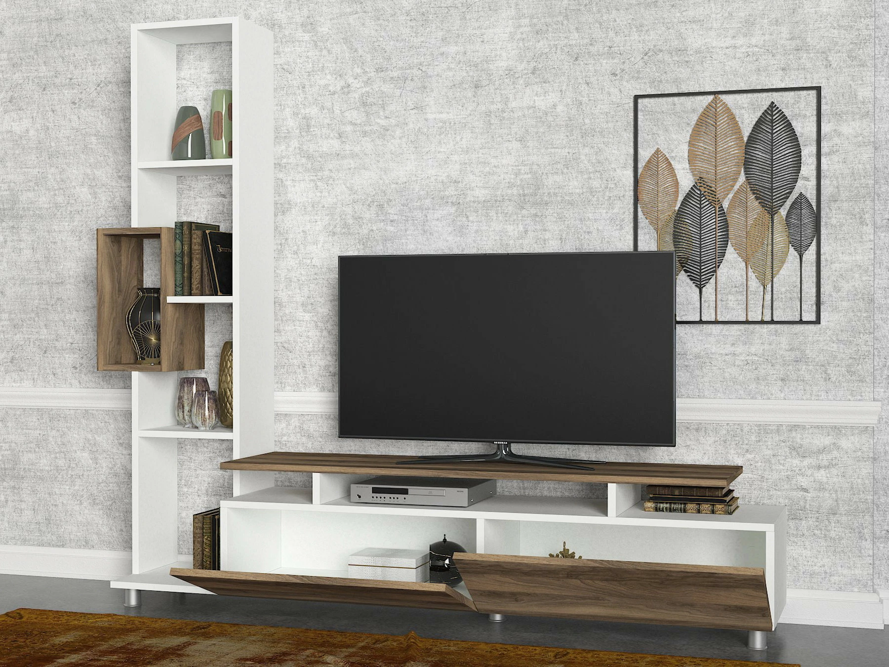Njësi TV Hanah Home, ngjyrë tulip e bardhë dhe arre