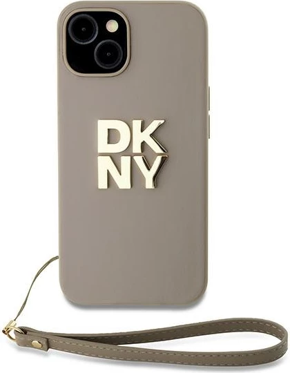 Mbështjellës DKNY Wrist Strap Stock Logo për iPhone 15 Plus, bezhë