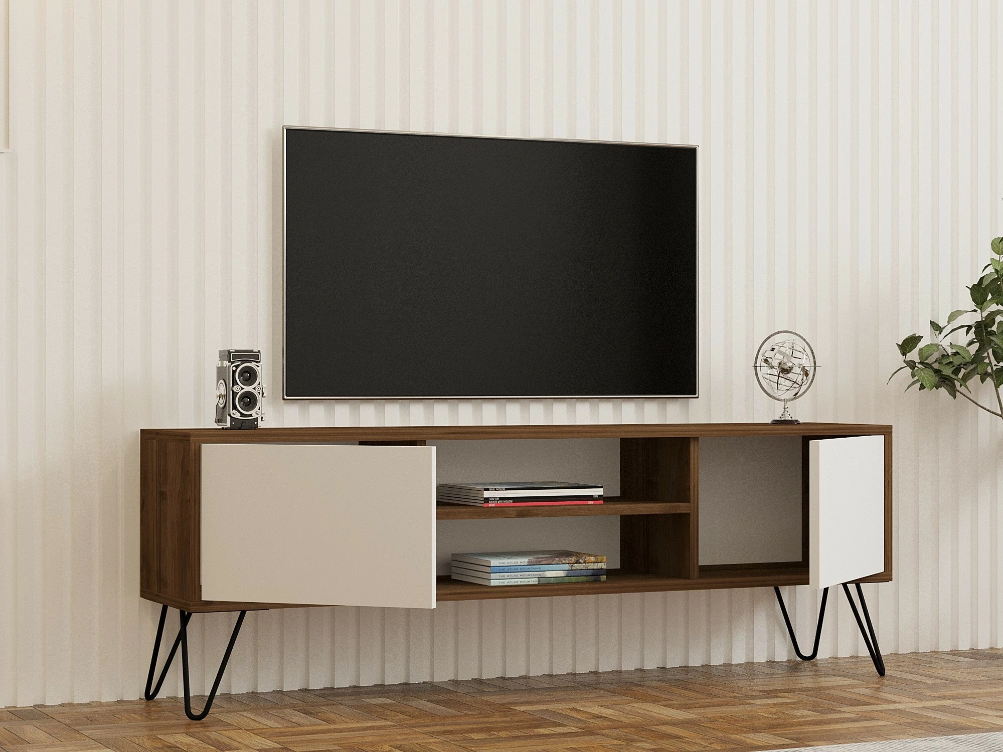 Komodë TV Hanah Home, Eva, ngjyrë arre dhe e bardhë, 140x50x30cm