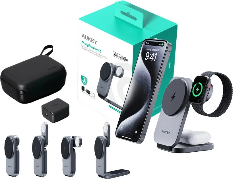 Karikues wireless 3-në-1 AUKEY LC-MC312 MagSafe Qi2, 15W + Karikues PD 30W, Gri, me etui
