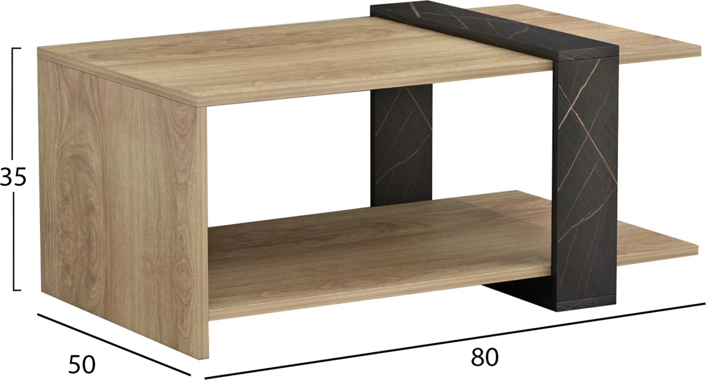 Tavolinë kafeje WILMA, melaminë, ngjyrë natyrale-mermer i zi, 80Χ50Χ35H cm