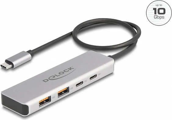 Hub USB DeLOCK, USB-C, 4 porta (2x USB-A + 2x USB-C), 10 Gbps, kabllo 35 cm, alumini, gri