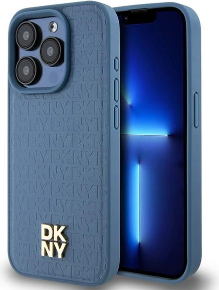 Mbështjellës DKNY Leather Monogram Pattern Metal Logo MagSafe për iPhone 15 Pro, Kaltër