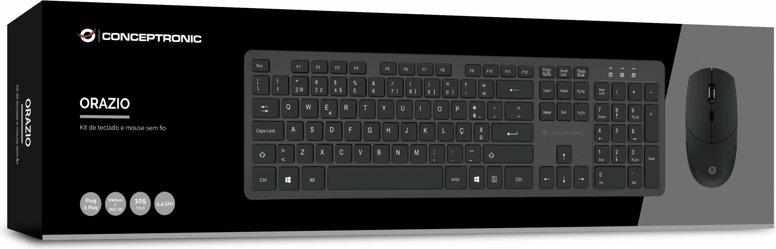 Set tastierë wireless me maus Conceptronic, QWERTY portugalisht, 105 taste, 2.4GHz, e zezë
