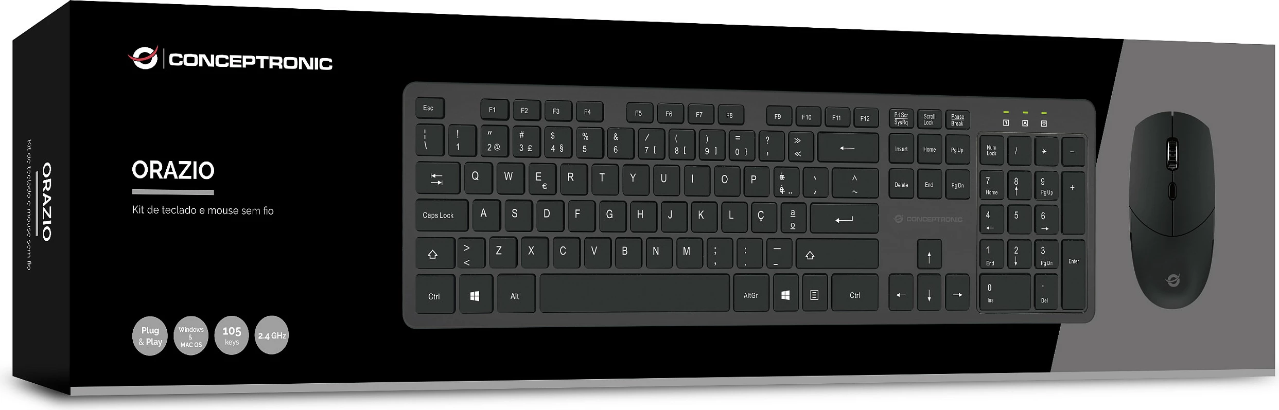 Set tastierë wireless me maus Conceptronic, QWERTY portugalisht, 105 taste, 2.4GHz, e zezë