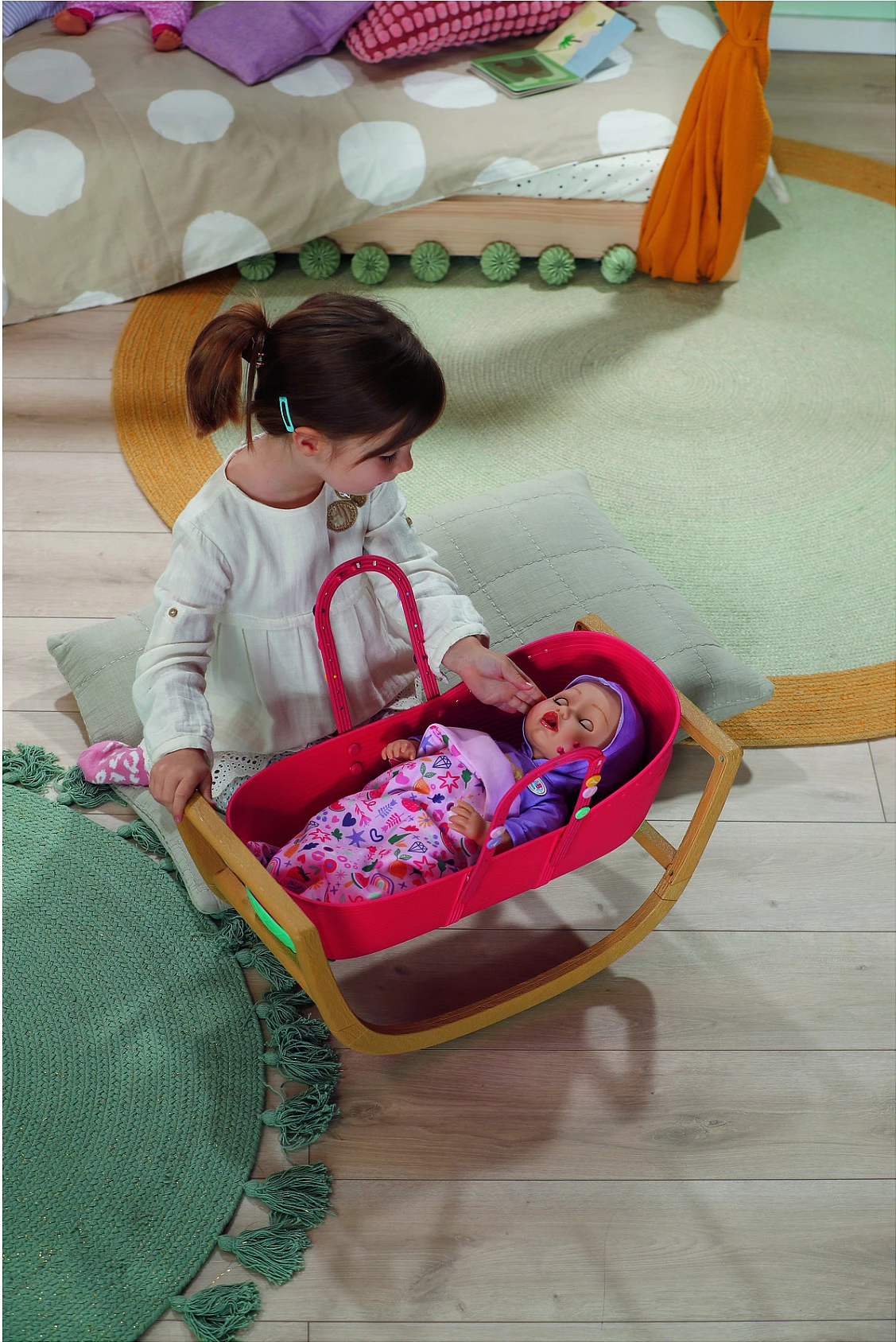 Krevat për kukulla Zapf Creation BABY born Pinplay Bassinet 3 në 1, me lëkundje, shumëngjyrësh