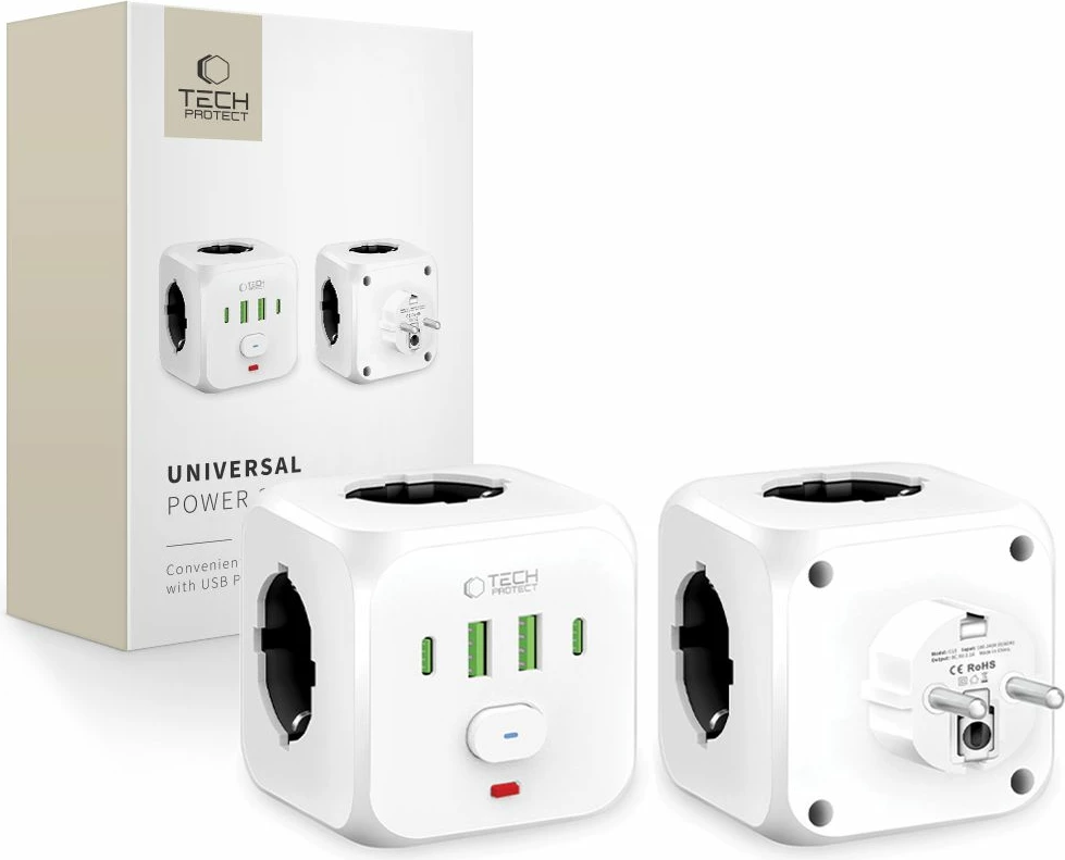 Prizë Tech-Protect PCL3X4 me 3 dalje Schuko, 2x USB-A, 2x USB-C, e bardhë