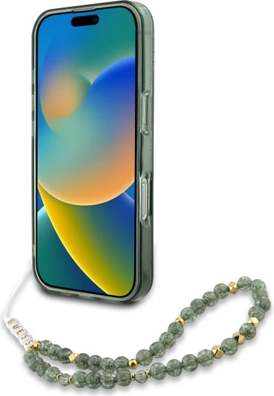 Mbështjellës Guess IML Flowers Allover Electro me pearl strap, për iPhone 16, MagSafe, Gjelbër