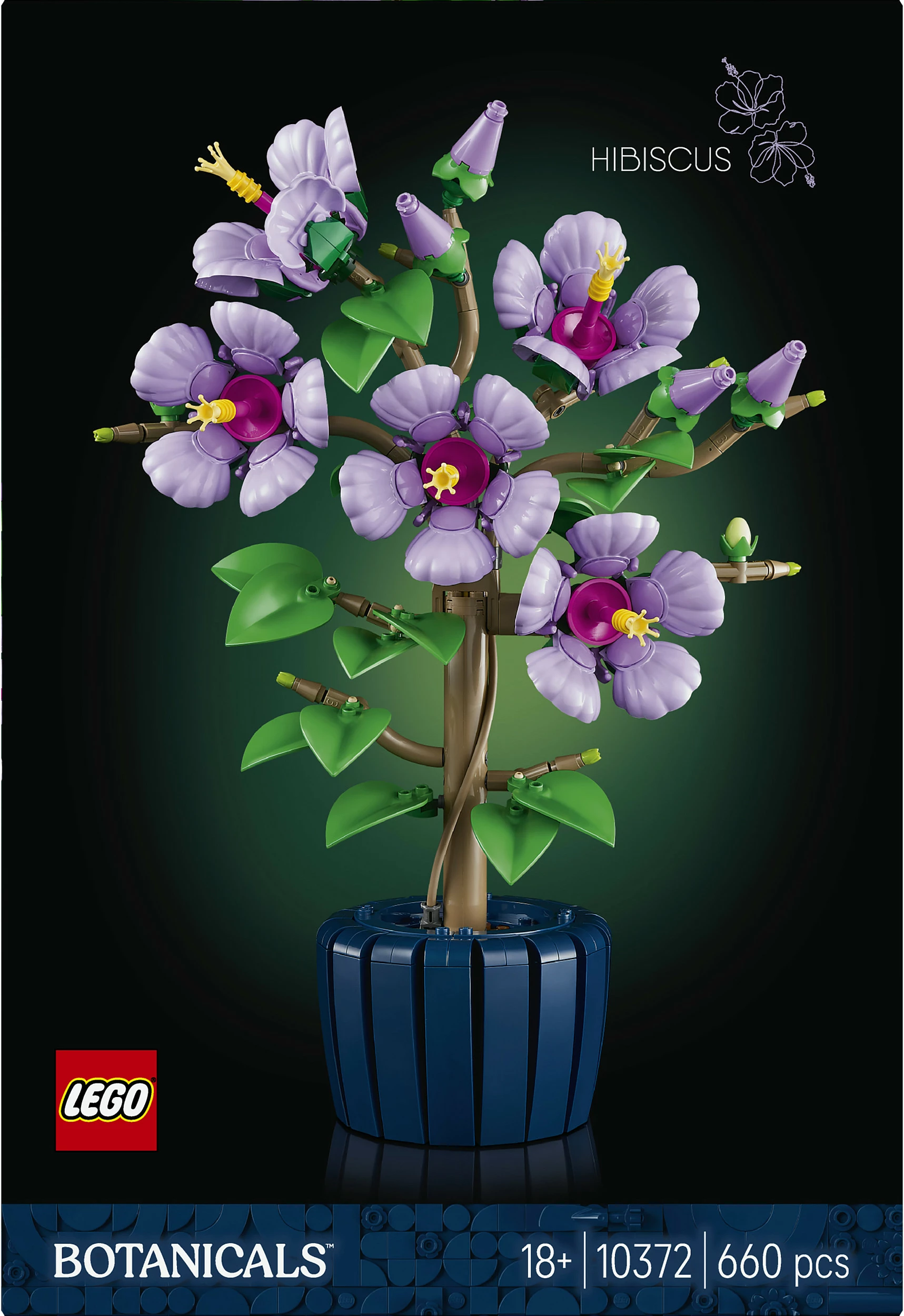 Set LEGO Icons 10372 Hibiskus, Botanicals, 660 copë, lule lejla me vazo blu
