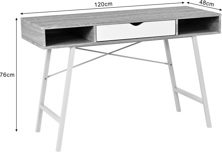 Tavolinë zyre Yamin, ngjyrë lisi me këmbë metalike të bardha, 120x48x76cm