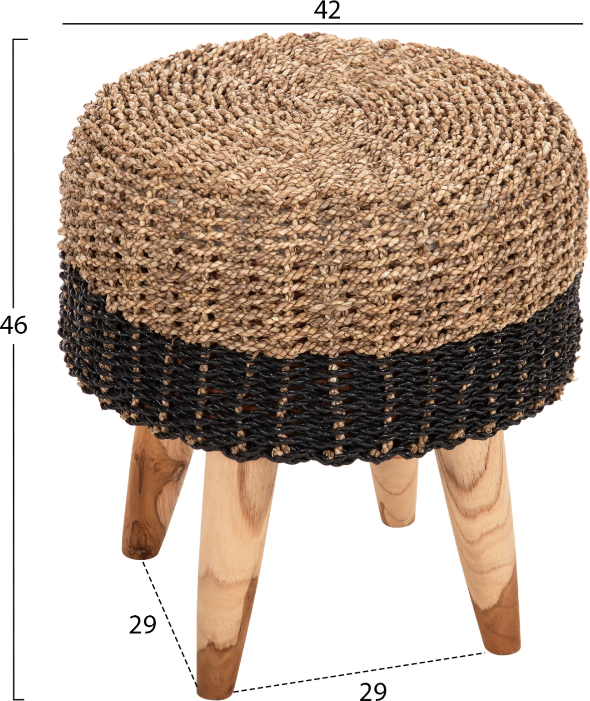Karrige për bar BEAM, dru teak dhe rush deti, natyrale & e zezë, Φ43x45H cm