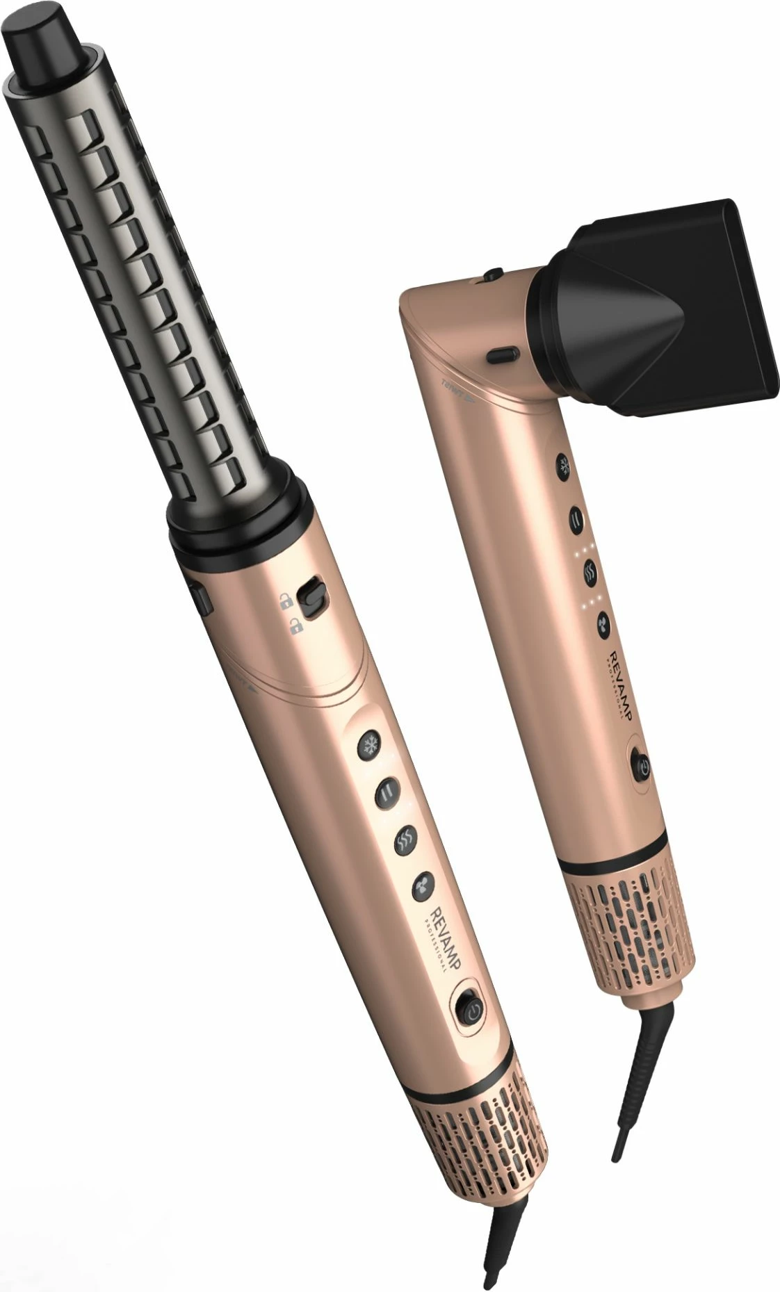 Tharëse flokësh me stilues Revamp Dynamic Radiance Pro DR-2850GD, 6 aksesorë, jonike, 110000 RPM, rozë e artë, set