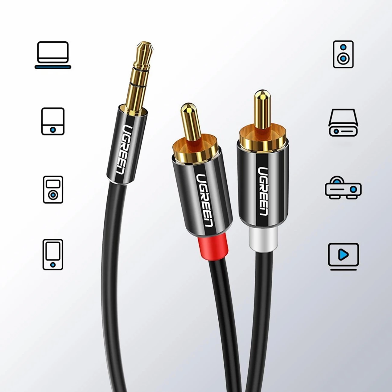 Kabllo audio Ugreen AV116 10584, mini jack 3.5mm në 2RCA, 2m, e zezë