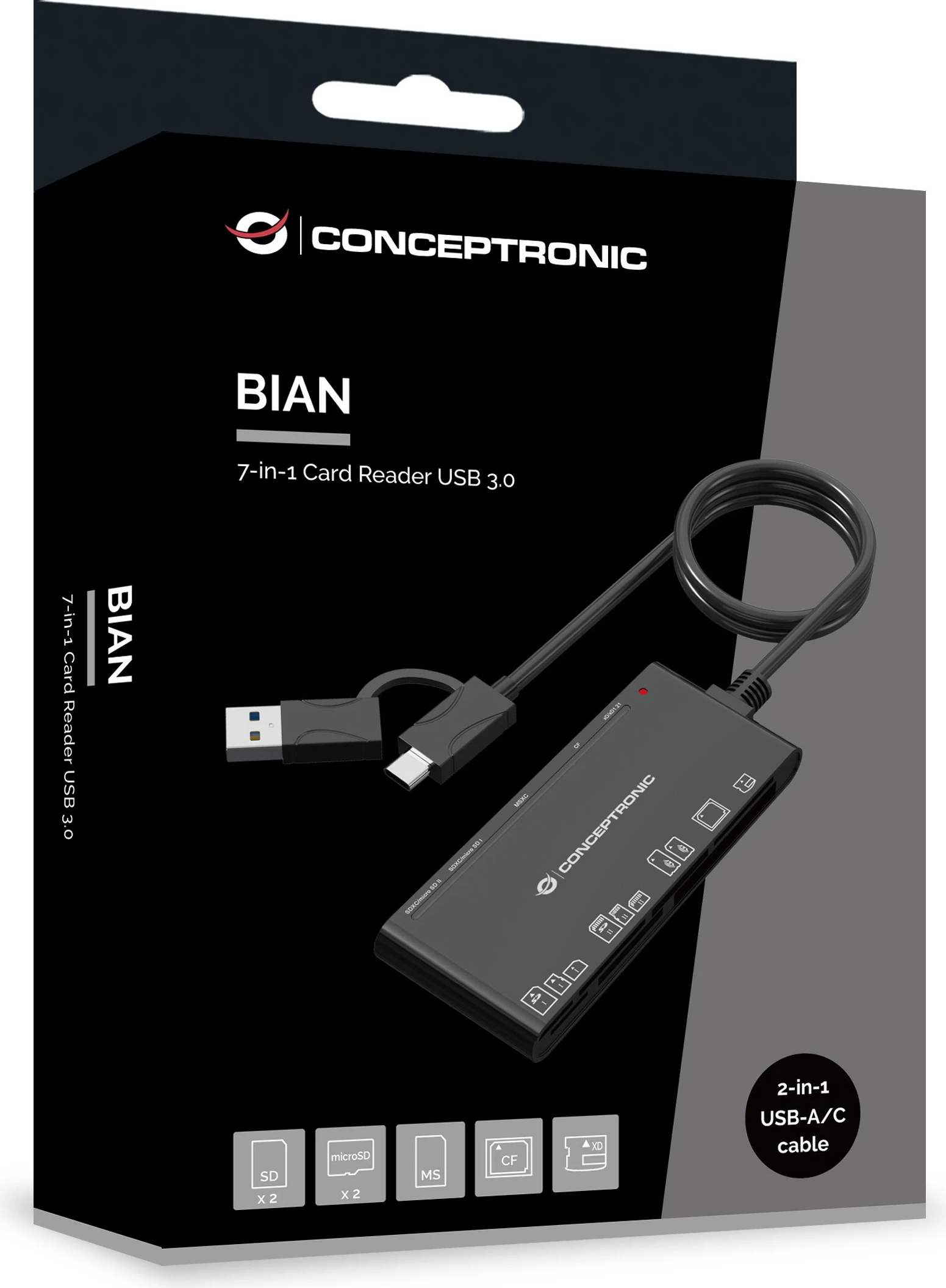 Lexues kartelash Conceptronic 7-në-1, USB-A/USB-C, i zi