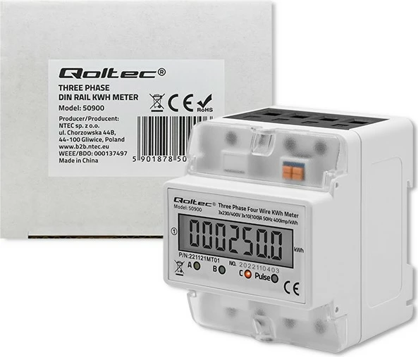 Matës trefazor i energjisë Qoltec 50900, LCD, montim në shinë DIN, Gri