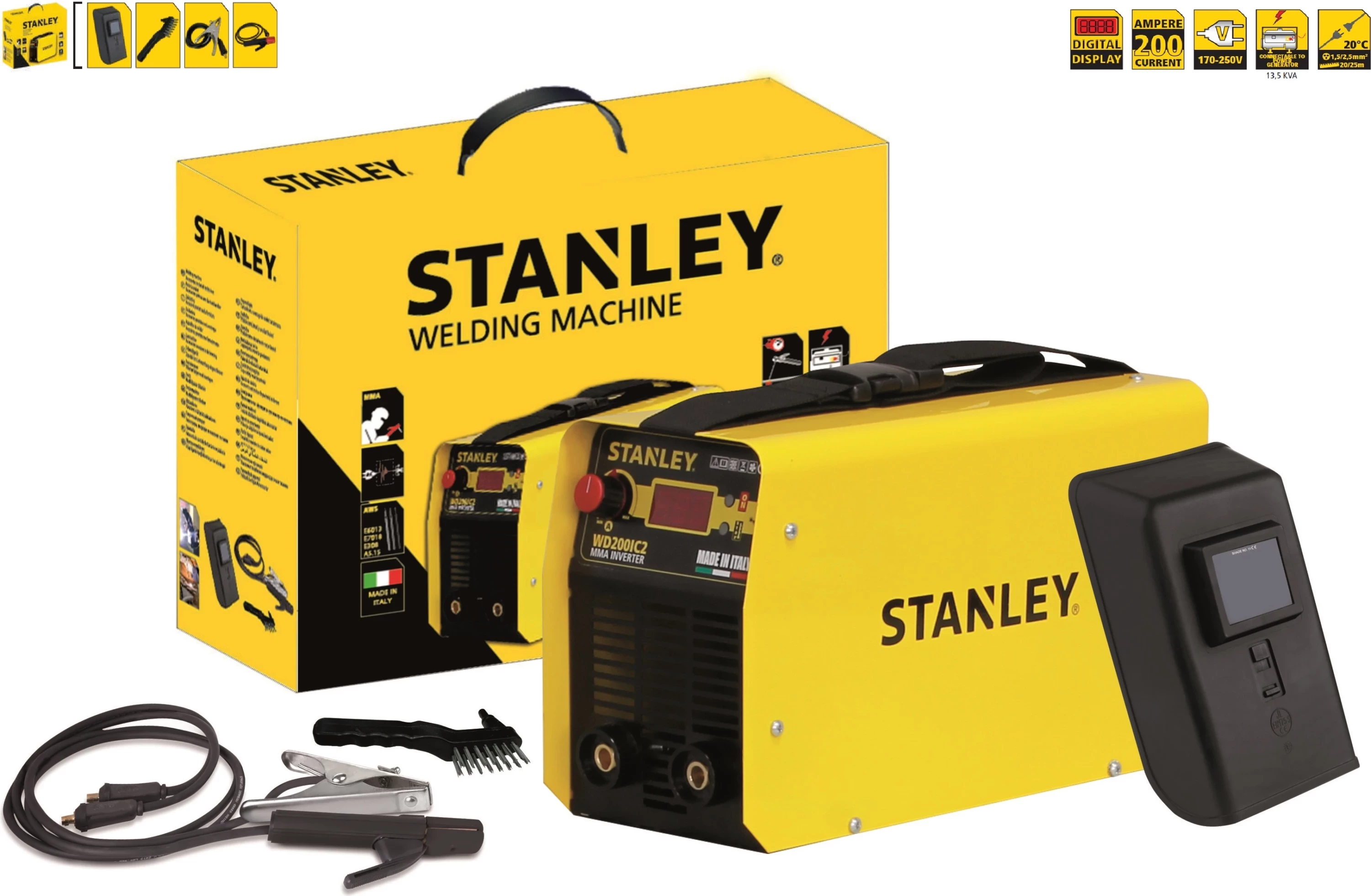 Aparat saldimi Stanley WD200IC2 200A 230V, set me maskë + kuti, e verdhë/zezë