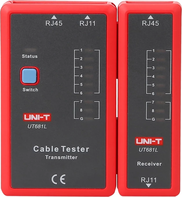 Tester kabllosh rrjeti/telefoni, UNI-T UT681L, RJ45/RJ11, LED, modalitet i shpejtë/ngadalshëm, bateri 9V, set transmetues + pranues, kuq-gri