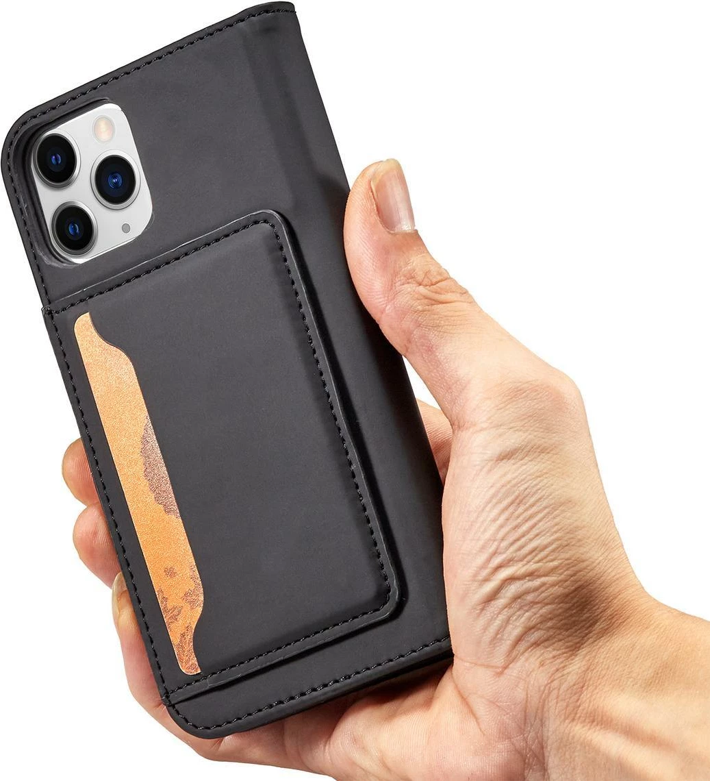 Mbështjellës Hurtel Magnet Card Case për iPhone 12 Pro, me kapak, portofol dhe mbajtëse, i zi