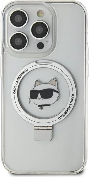 Mbështjellës Karl Lagerfeld KLHMP15XHMRSCHH për iPhone 15 Pro Max 6.7", Ring Stand Choupette Head, MagSafe, Bardhë