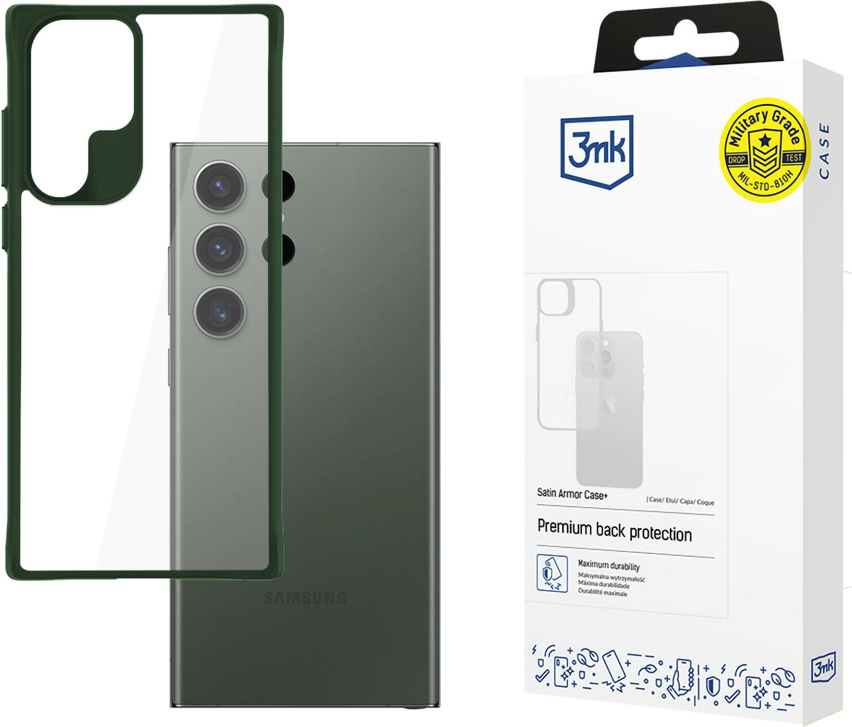 Mbështjellës 3mk Satin Armor Case+ për Samsung Galaxy S24 Ultra, Transparent, Kornizë e gjelbër