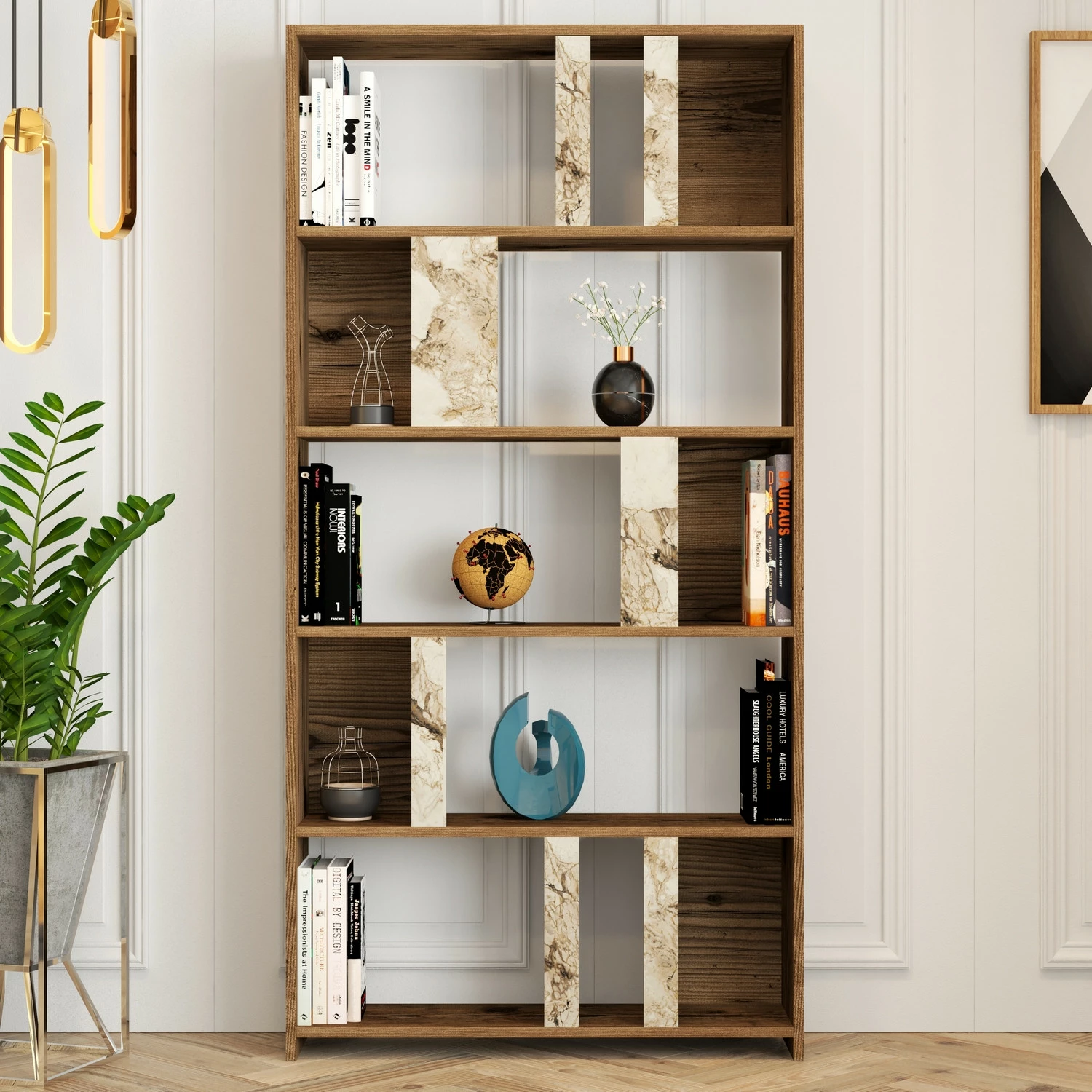 Raft librash Hanah Home, Lima, ngjyrë arre dhe mermer i bardhë