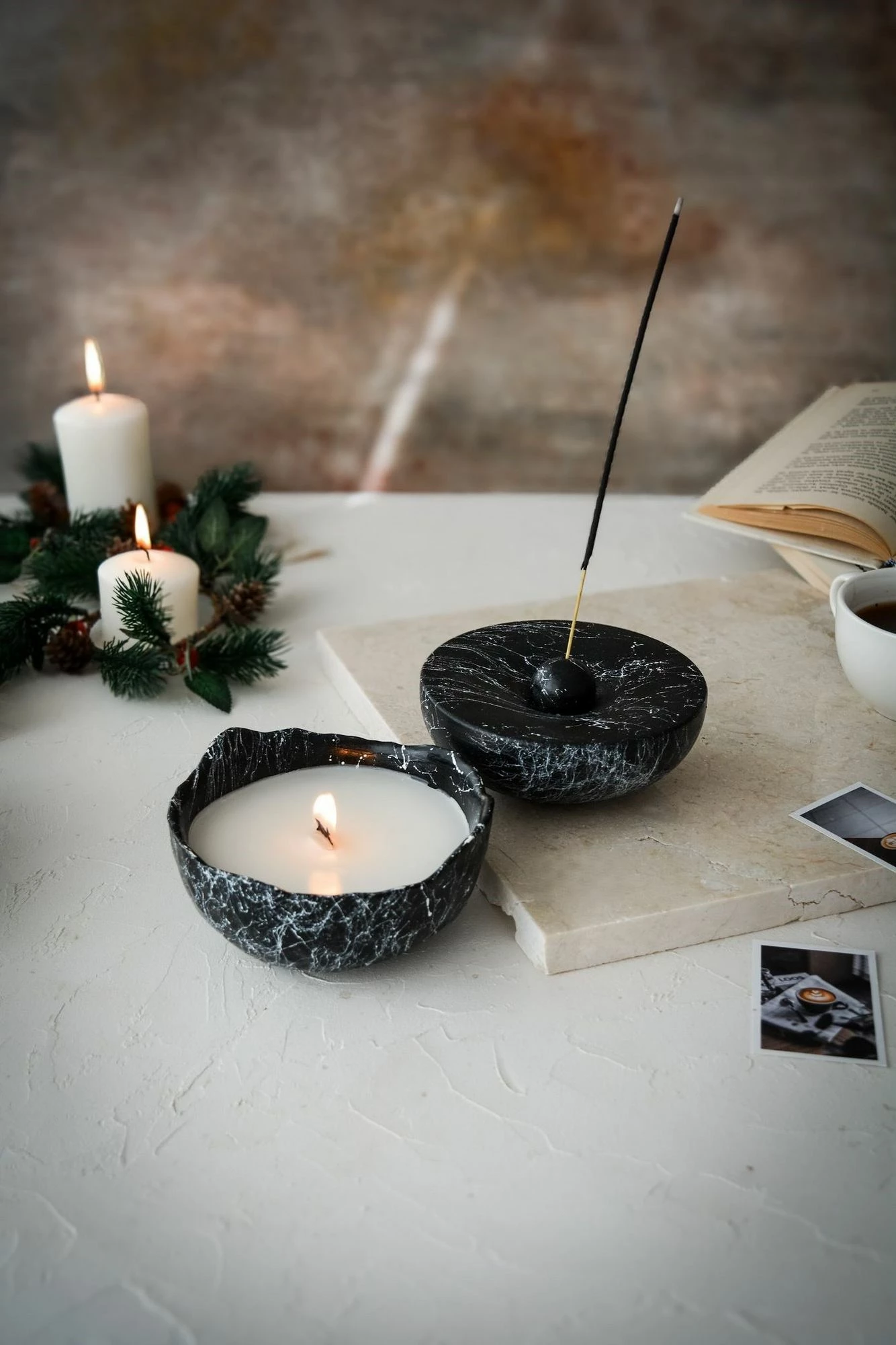 Set qiri dhe mbajtës për temjan, mermer, Evila Originals, Ers1282
