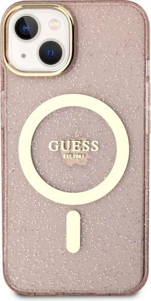Mbështjellës Guess GUHMP14MHCMCGP për iPhone 14 Plus 6.7", Glitter Gold MagSafe, Rozë