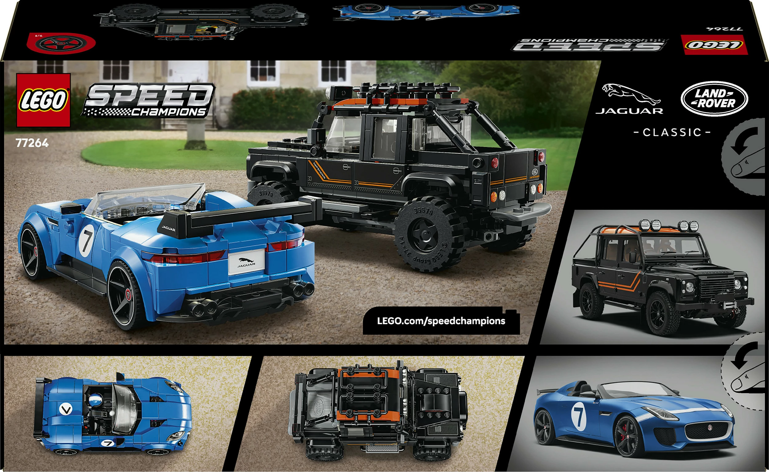 Set ndërtimi LEGO Speed Champions 77264 Jaguar F-Type Project 7 & Land Rover Classic Defender, 740 copë, 10+, blu/zi