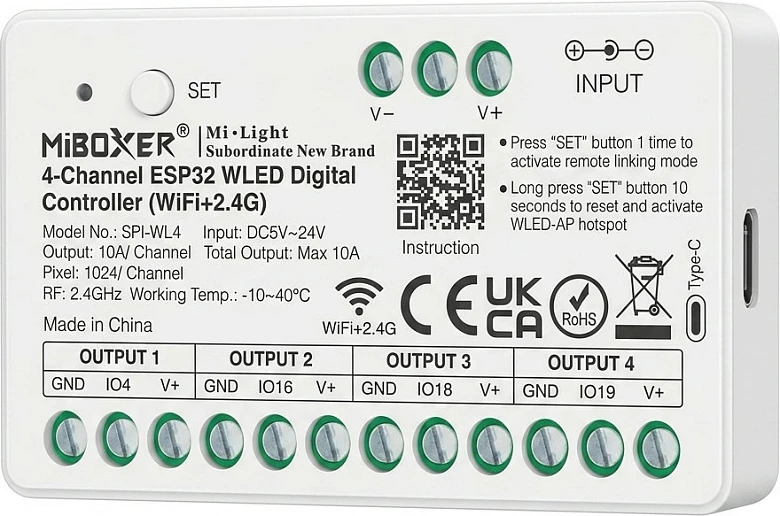 Kontroller LED Pixel Miboxer SPI-WL4, 4 Kanale, WiFi + 2.4GHz, DC 5-24V, i bardhë