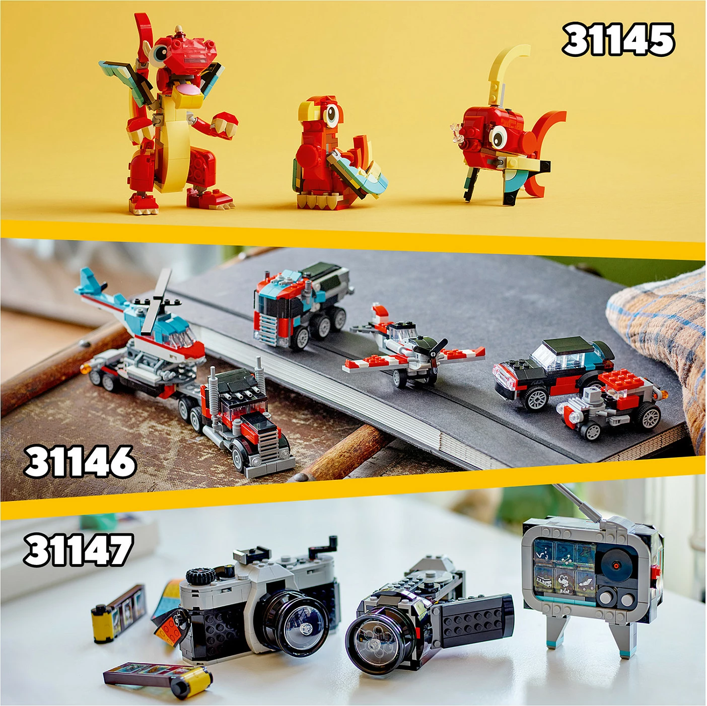 Set ndërtimi LEGO Creator 3in1, Kamion me platformë dhe Helikopter, 270 pjesë, Multingjyrësh
