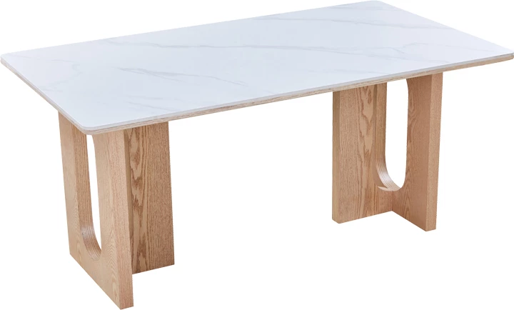 Tavolinë ngrënieje Benqui, gur i sinterizuar, MDF, ngjyrë mermeri të bardhë, bazë natyrale, 160x90x75cm
