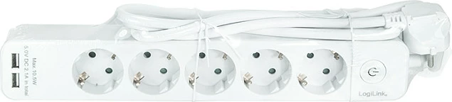 Zgjatues rryme LogiLink 5-prizë, 1.5m, 2xUSB 5V/2.1A max, i bardhë