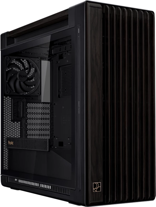 Kasë ASUS ProArt PA602 Wood Edition E-ATX, panel xhami i temperuar, radiator 420 mm, 1x140 mm + 2x200 mm ventilatorë, USB-C 20Gbps, e zezë
