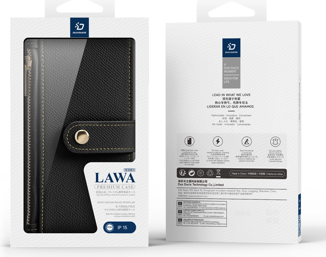 Mbështjellës Dux Ducis Lawa për iPhone 15, lëkurë, me portofol magnetik, e zezë
