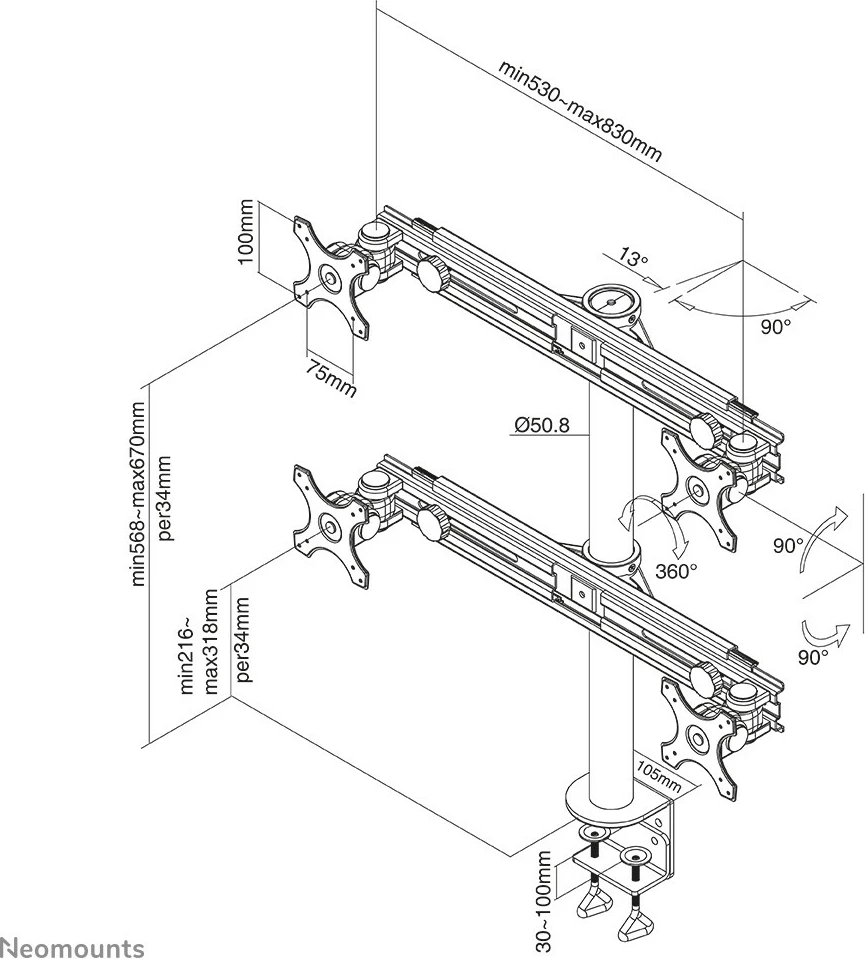 Krah monitori Newstar Neomounts FPMA-D700D4, 4 ekrane, 19-30", rregullim lartësie, i zi