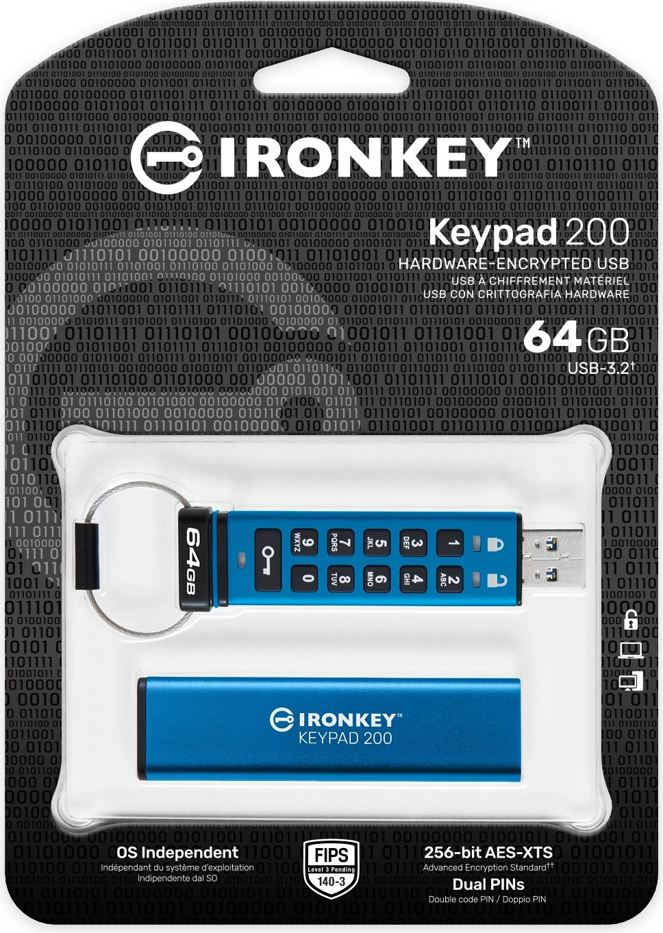 USB Kingston IronKey Keypad 200 64GB, blu