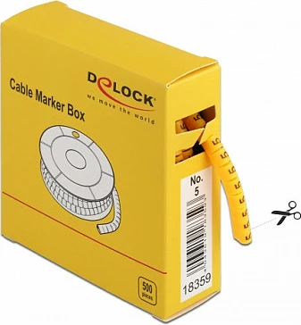 Marker kabllosh DeLOCK Cable Marker Box No.5, 500 copë, për kabllo 4–5 mm, e verdhë