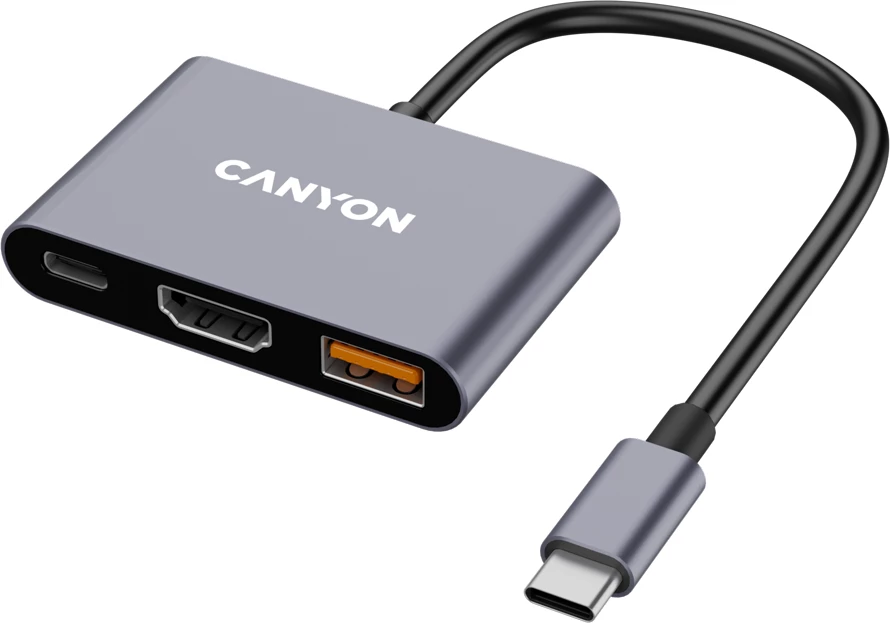 Hub USB-C CANYON DS-4 3n1 me HDMI, USB 3.2 Gen 2 dhe Power Delivery 100W, gri