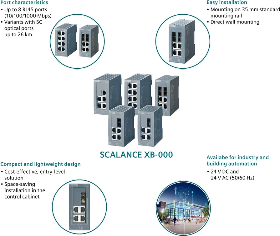 Switch industrial Ethernet Siemens SCALANCE XB008 6GK5008-0BA10-1AB2, unmanaged, 8-port, IP20, gri