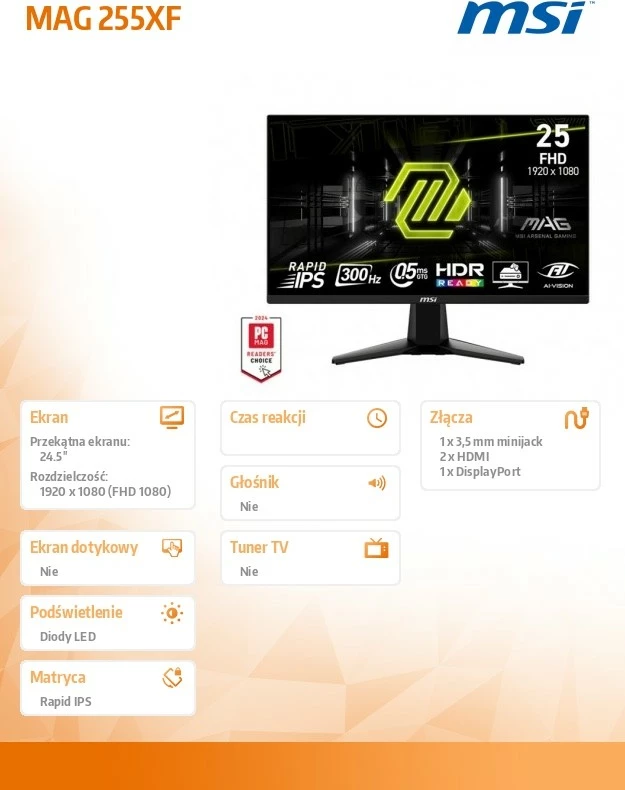 Monitor MSI MAG 255XF 24.5" FHD 1920x1080 Rapid IPS 300Hz 0.5ms Flat Black