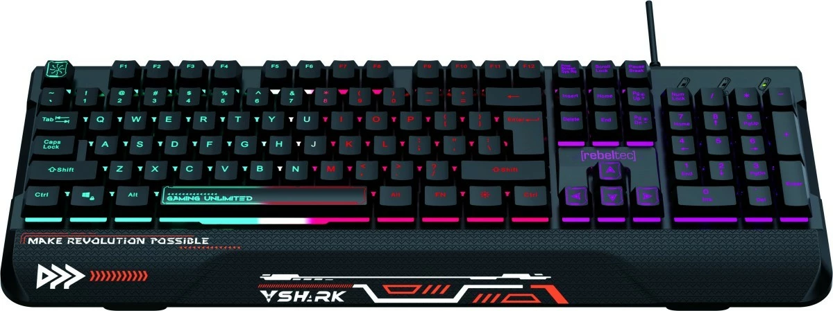 Tastierë gaming Rebeltec SHARK, full-size 104 tasta, RGB, USB me kabllo 1.8 m, me mbështetëse dore, waterproof, e zezë